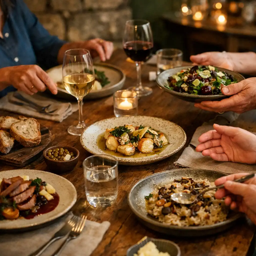 Assiettes et mains autour d’un repas partagé sur une table en bois
