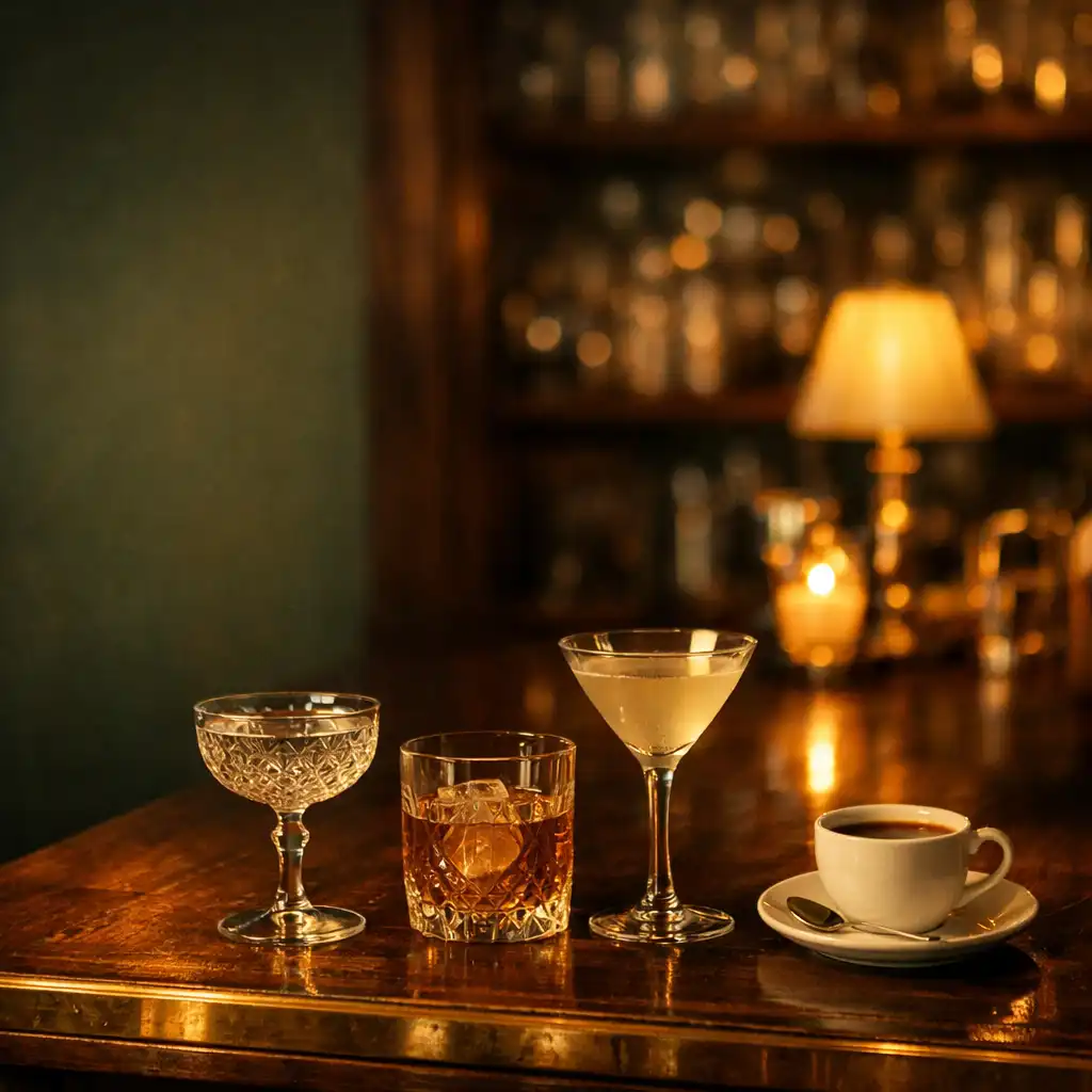 Comptoir en bois avec verres, boisson sans alcool et tasse de café sous lumière chaude