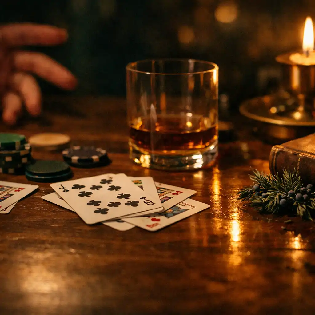 Cartes, verre et lumière de bougie sur une table de restaurant en fin de soirée.