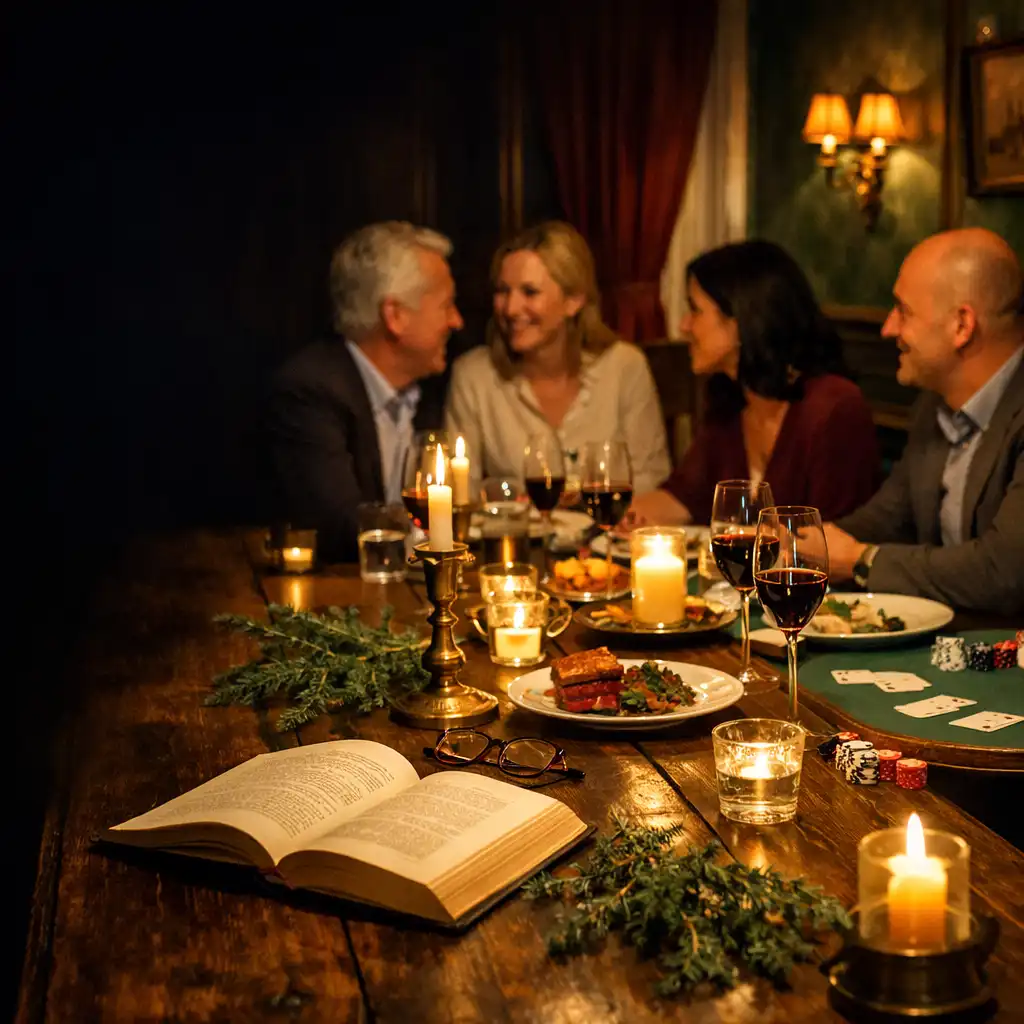 Restaurant intime à l’heure bleue, table dressée, convives en conversation et table de poker discrète à l’arrière-plan