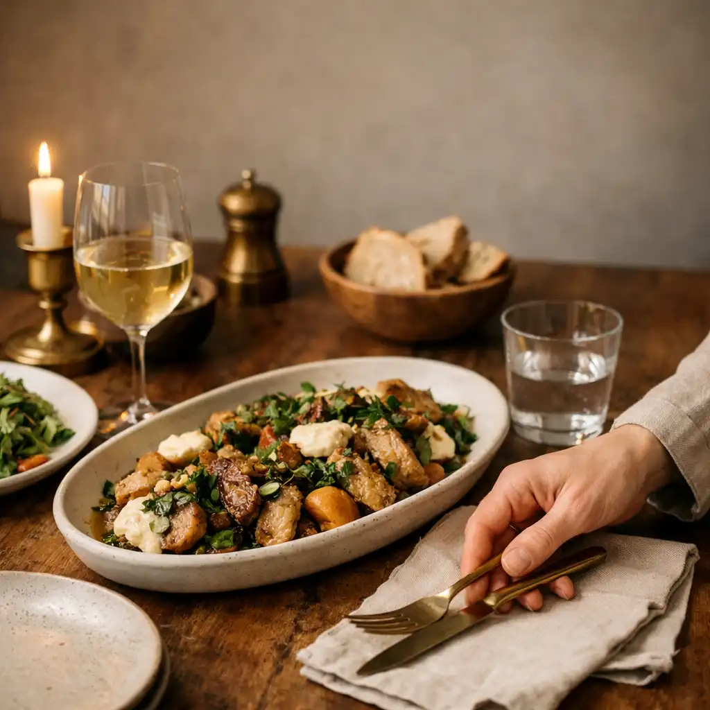 Table culinaire raffinée avec assiettes en céramique, verre, linge naturel et geste de partage