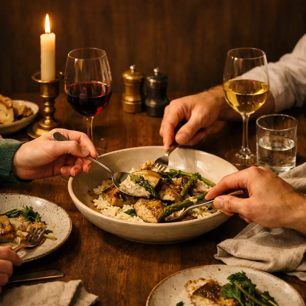 Mains partageant un plat au centre d’une table en bois avec céramiques, linge naturel, verres et bougies