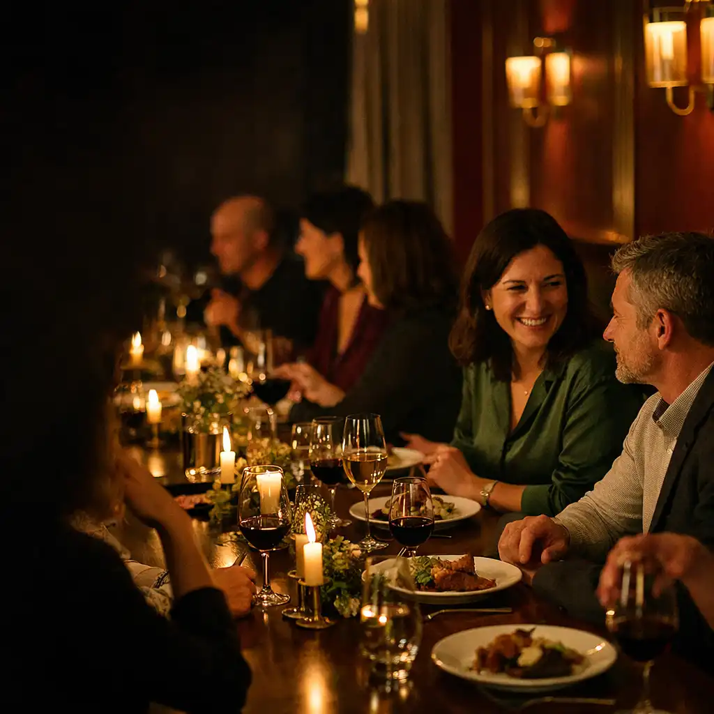 Rassemblement intime autour d’un dîner aux bougies dans un restaurant contemporain