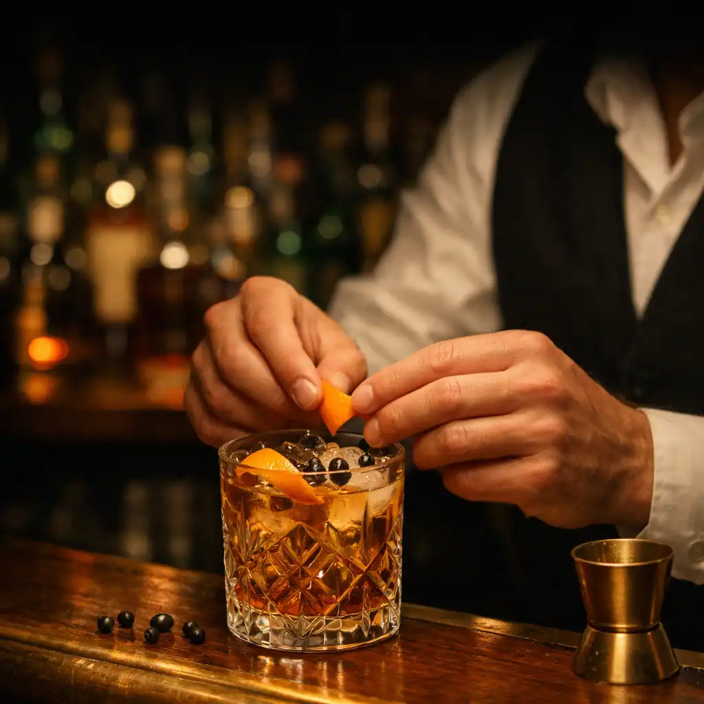Mains préparant un cocktail avec verre sculpté, agrume et baies de genévrier sur un comptoir en bois