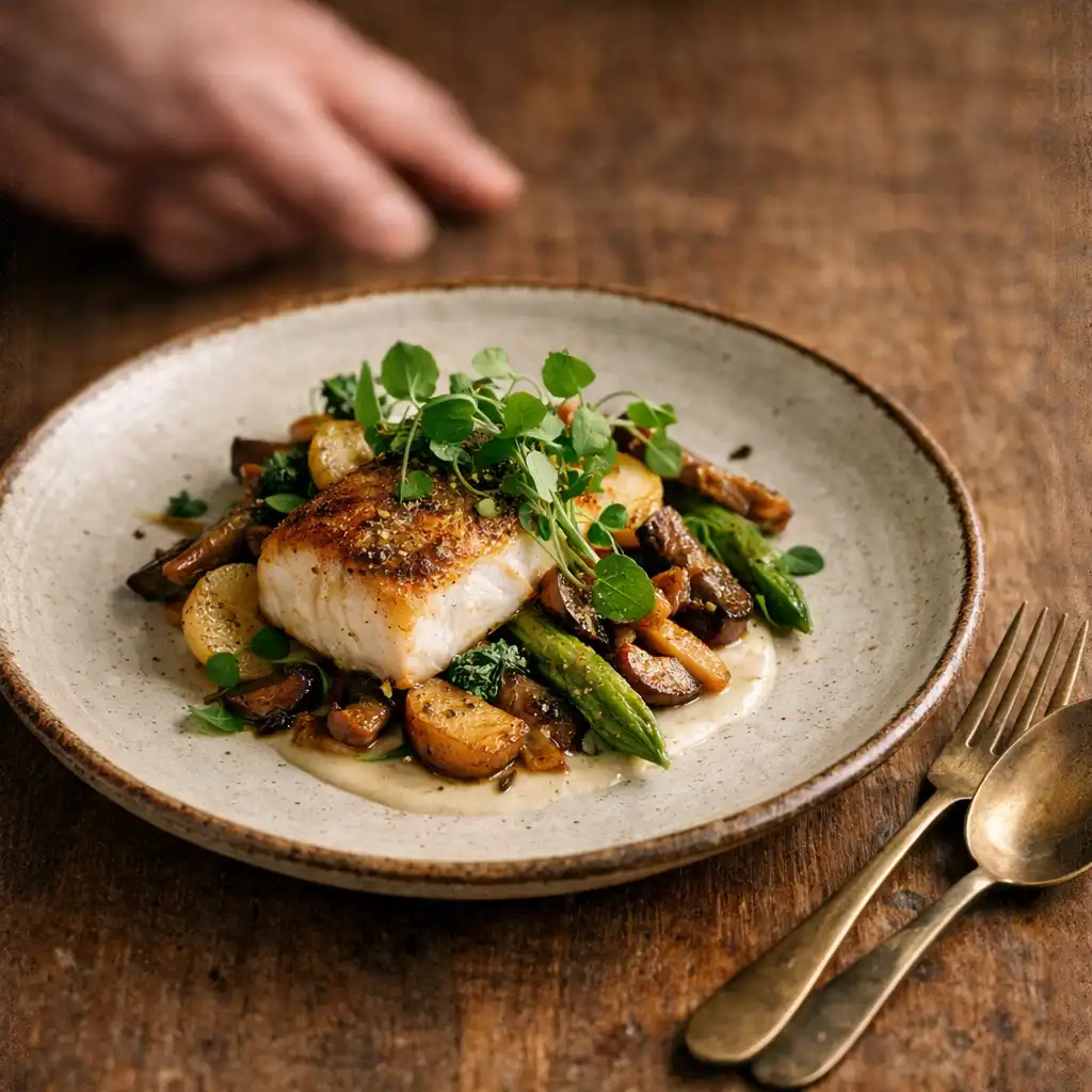 Assiette raffinée de saison sur céramique artisanale, herbes et couverts en laiton sur bois
