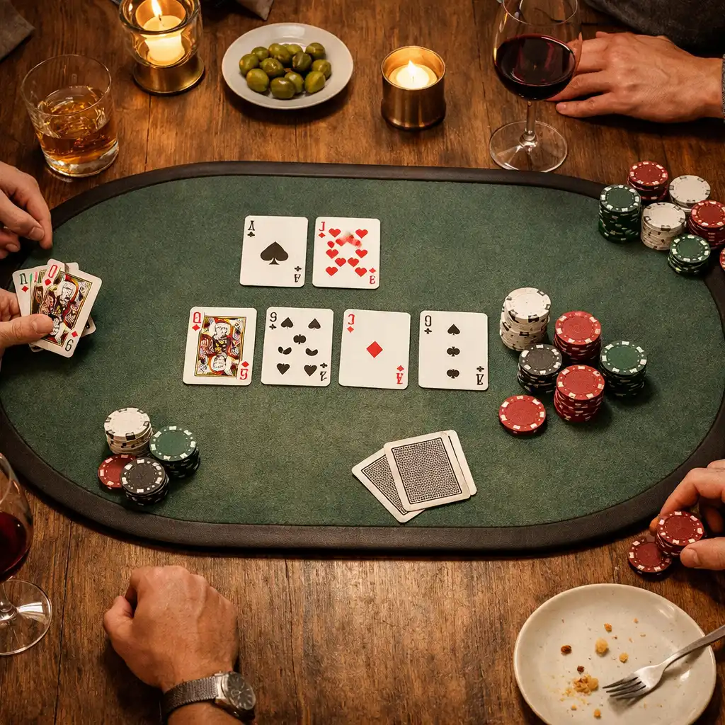 Cartes et jetons sobres entourés de mains, verres et petite assiette sur une table de restaurant