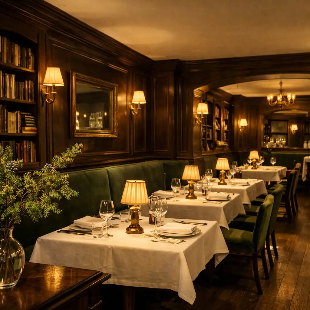 Salle de restaurant aux boiseries sombres, bibliothèque discrète, banquettes et lampes en laiton