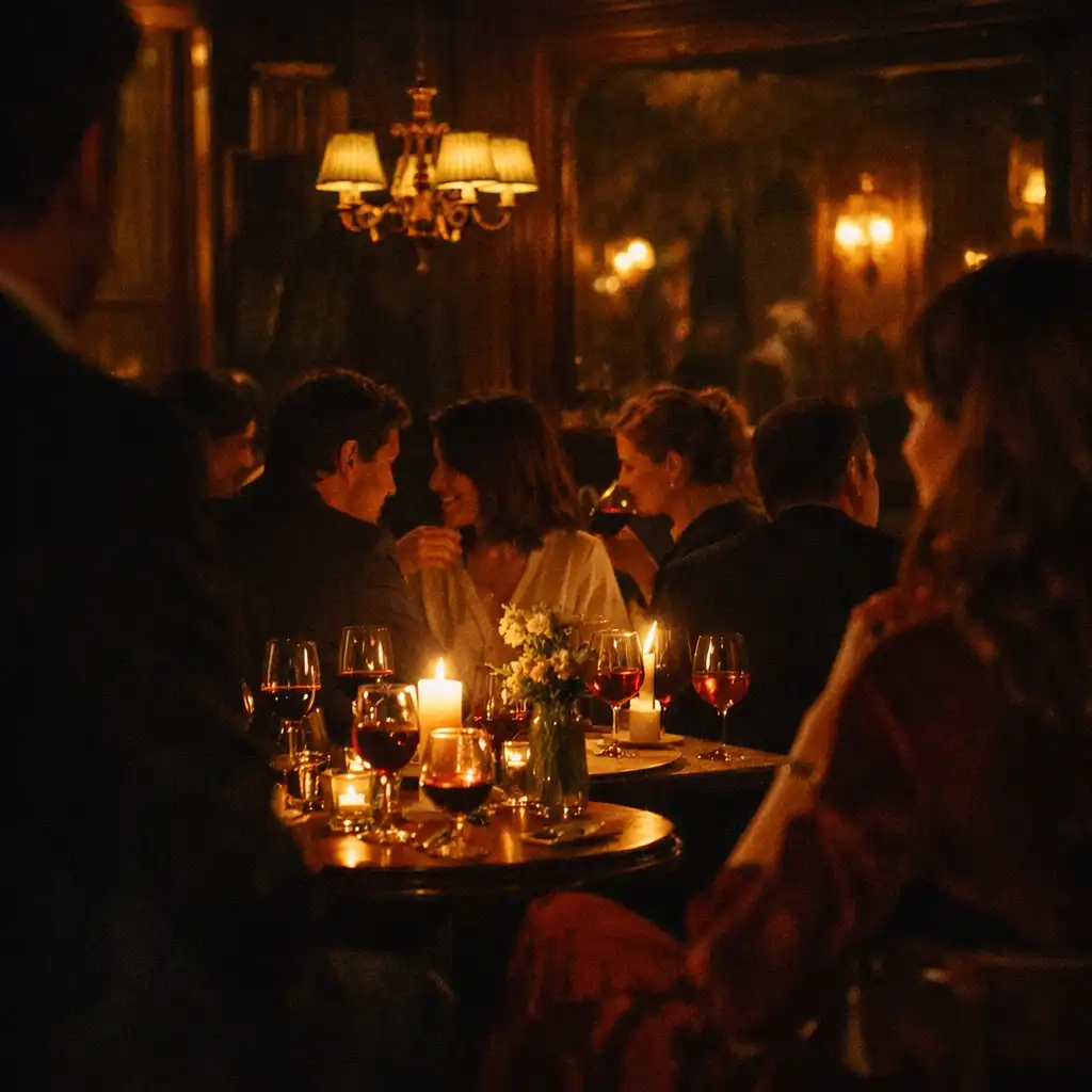 Silhouettes de convives en conversation autour de tables éclairées de bougies dans un restaurant parisien