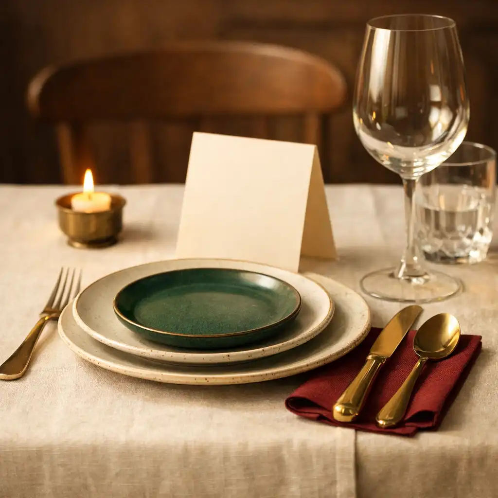 Table prête pour un dîner avec lin crème, céramiques, couverts, verre à pied et petite bougie