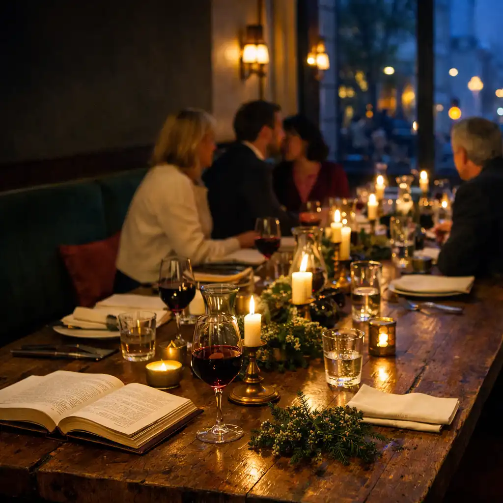 Grande table en bois éclairée de bougies dans un restaurant parisien, avec livres, verrerie et convives en conversation