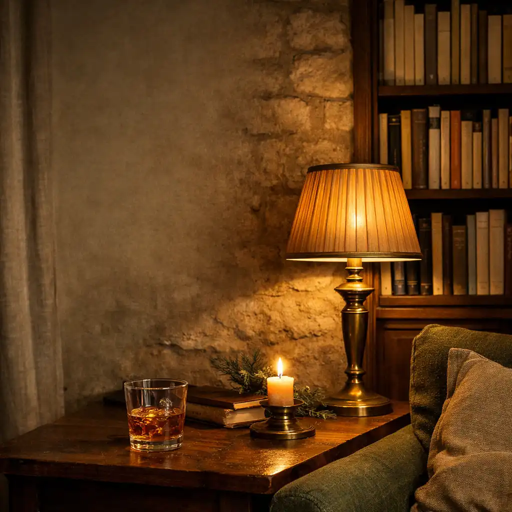 Coin de salon littéraire avec lampe en laiton, livres, verre et bougie à la tombée du jour