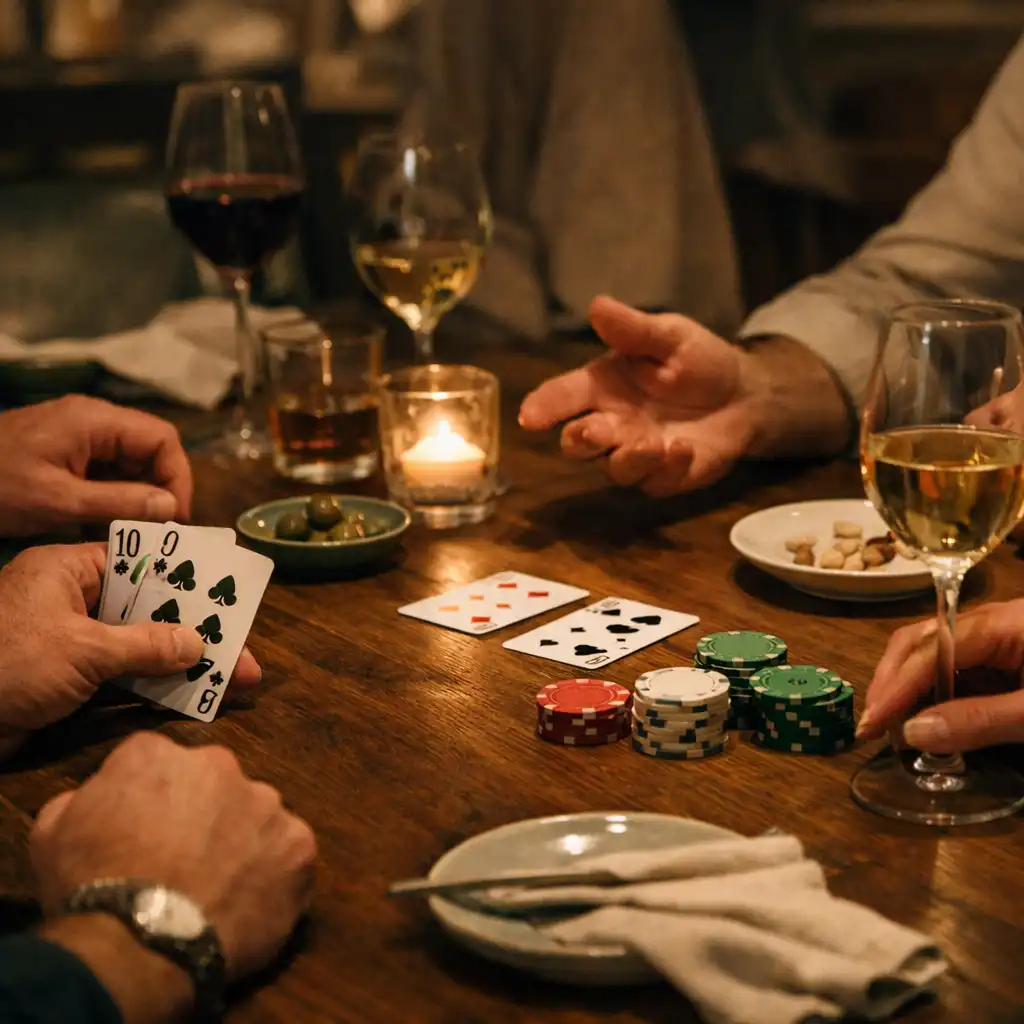 Mains adultes autour d’une table en bois avec cartes, jetons, verres et bougies lors d’une soirée conviviale
