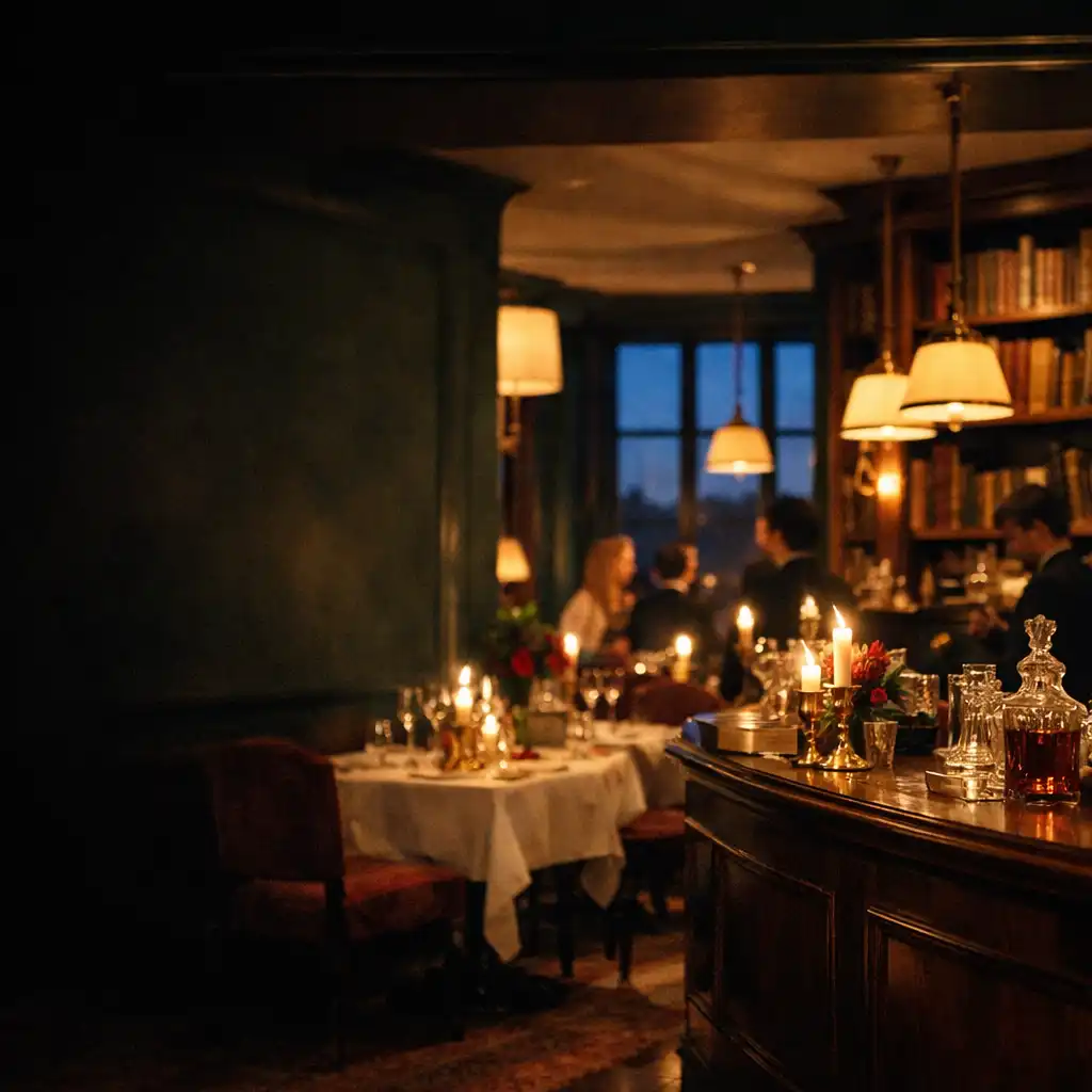 Salle du Comptoir à l’heure bleue, comptoir en bois, tables dressées et lumière chaleureuse