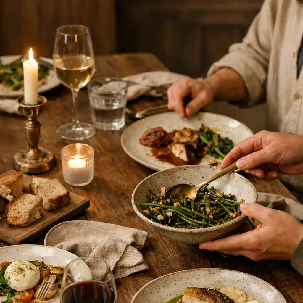 Mains partageant un repas autour d’une table dressée avec assiettes, pain et verrerie