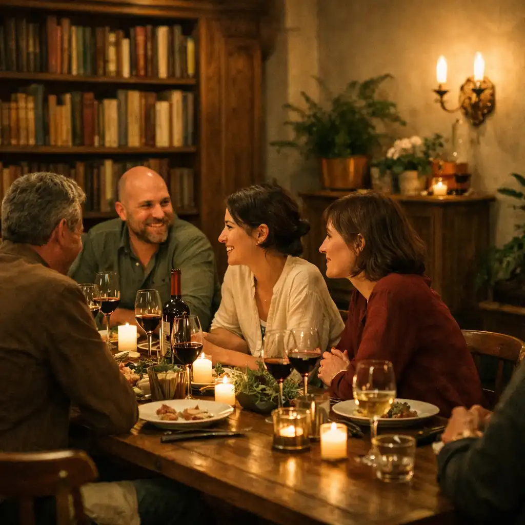 Petit groupe réuni autour d’une longue table en bois dans une ambiance de fin de soirée