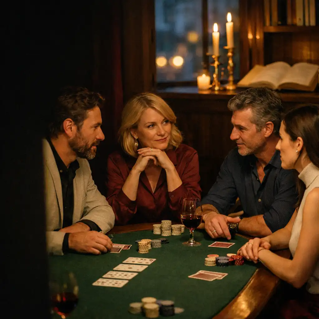 Convives réunis autour d’une table de poker hors ligne, cartes et lumière de bougie au COMPTOIR GENIÈVRE