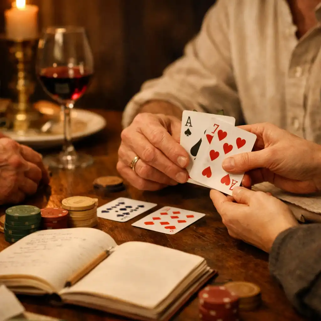 Mains réunies autour de cartes et d’un carnet sur une table de restaurant.