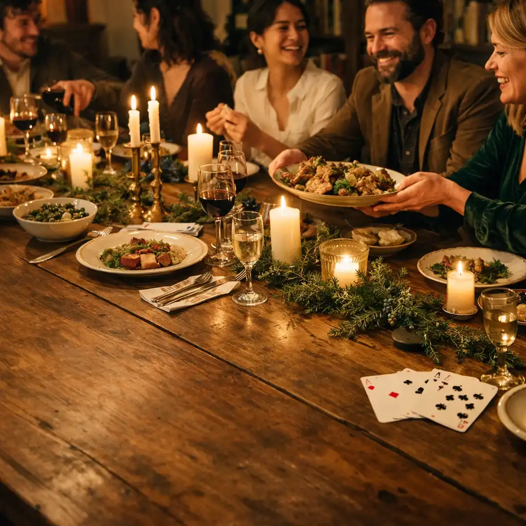 Dîner entre amis avec cartes de poker sur une grande table en bois éclairée le soir