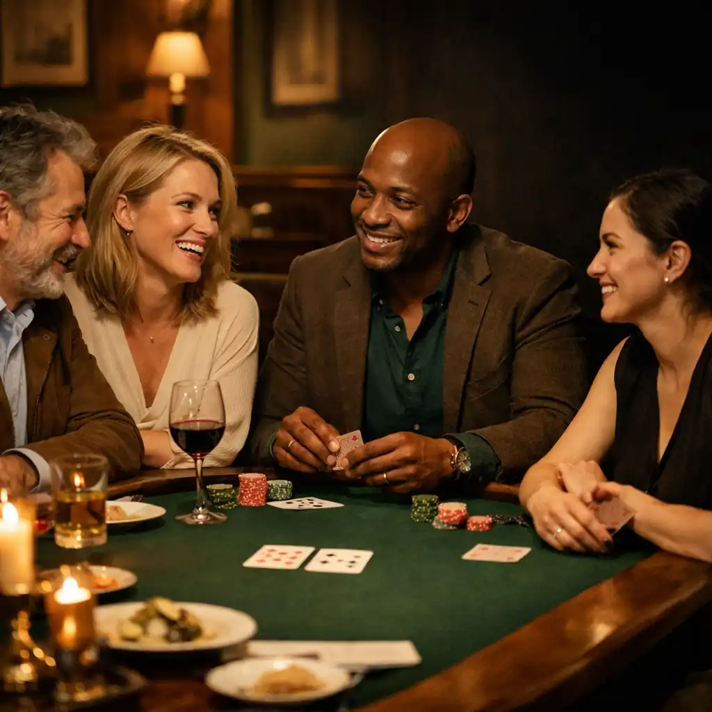 Adultes échangeant autour d’une table de poker hors ligne avec cartes, jetons sobres, verres et bougie