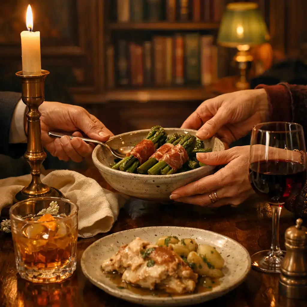 Mains partageant un dîner raffiné autour d’une table en bois éclairée à la bougie