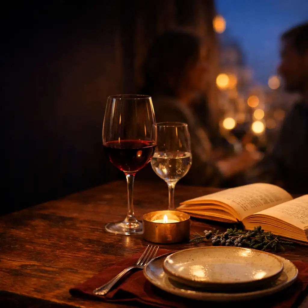 Table préparée au Comptoir Genievre, lumière de bougie, livres et verrerie pour une soirée à Paris