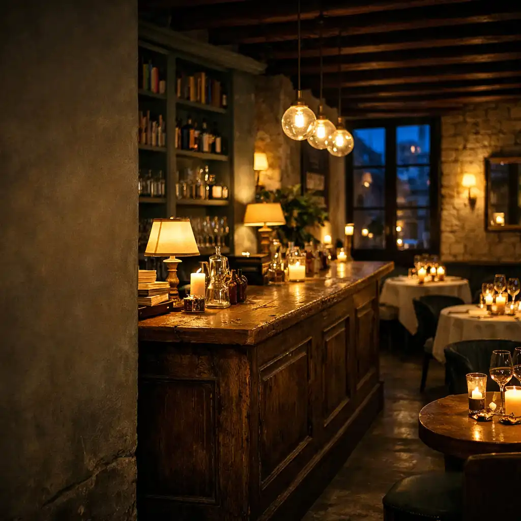 Salle de COMPTOIR GENIÈVRE avec comptoir en bois et lumière du soir