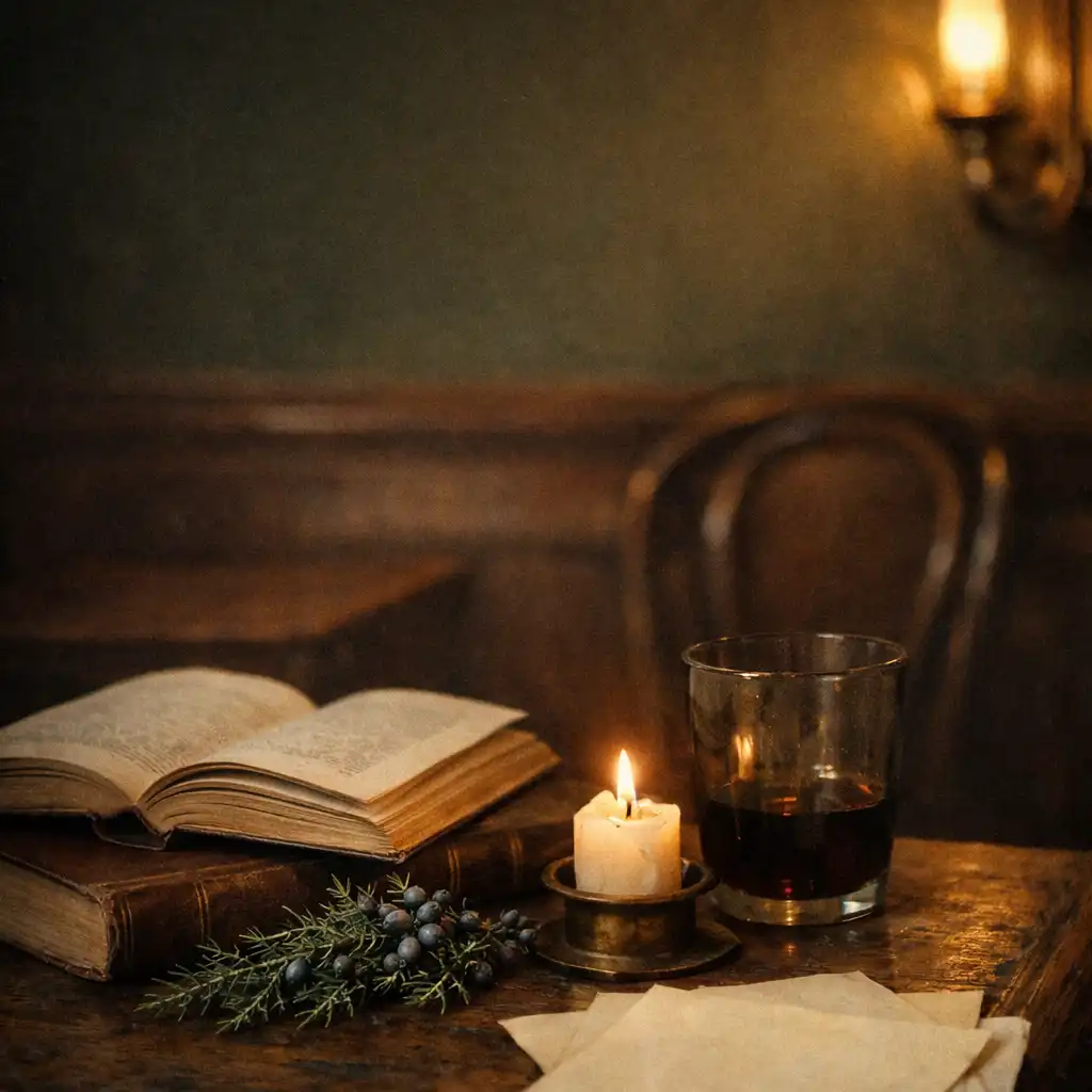 Livres ouverts, branche de genévrier, verre fumé et bougie sur une table évoquant un salon littéraire