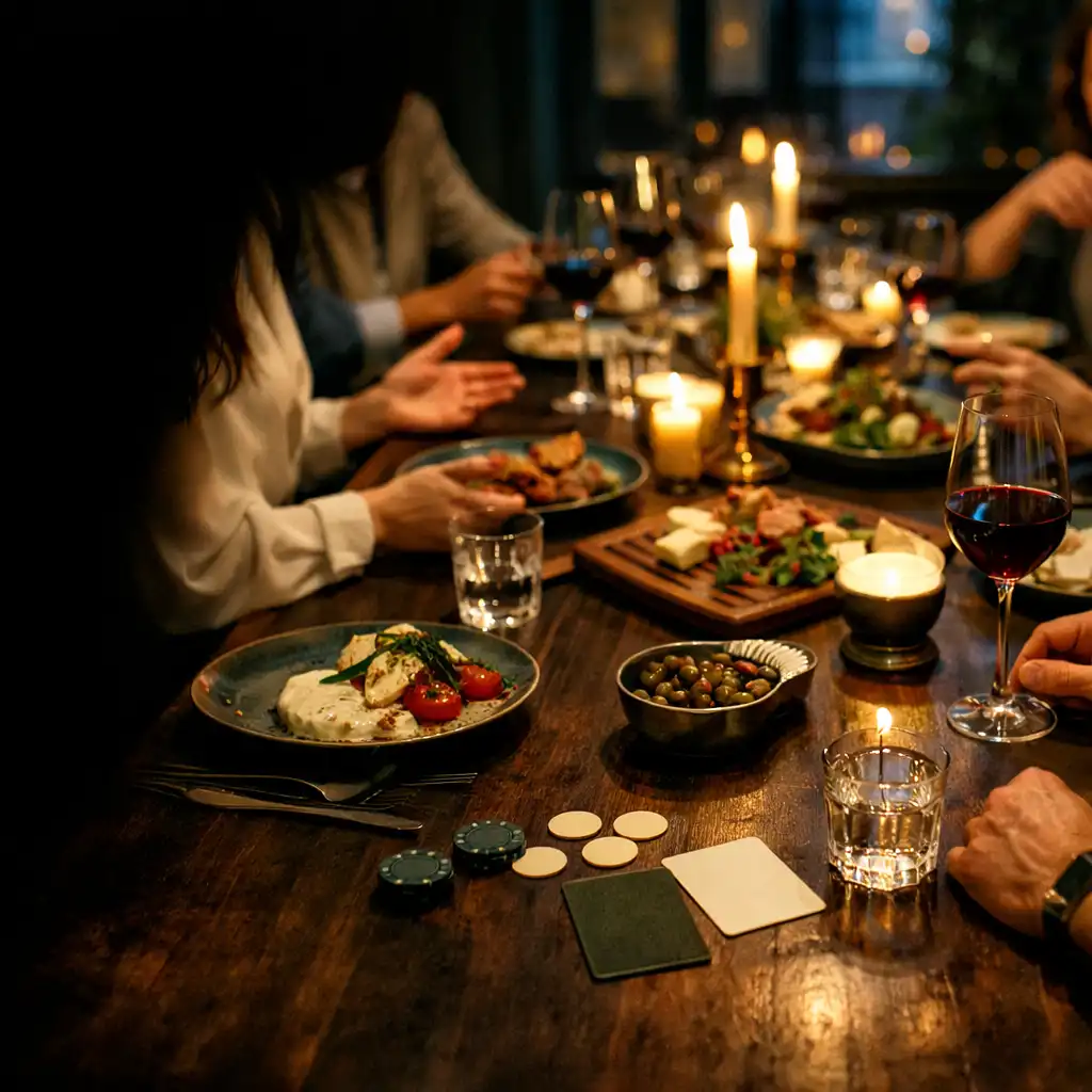 Table de dîner en bois éclairée le soir, avec assiettes, verres, cartes et convives en conversation.