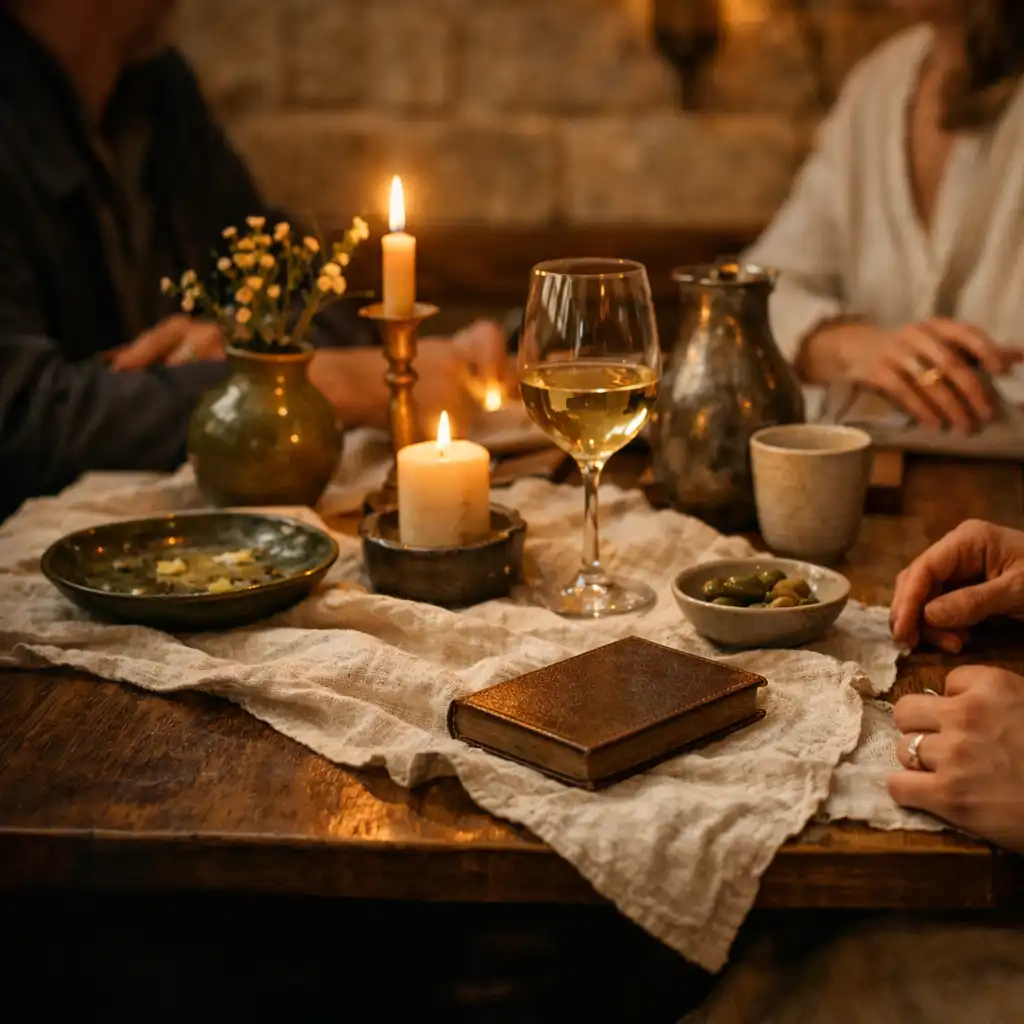 Table intime en bois, lin et céramiques éclairée par des bougies